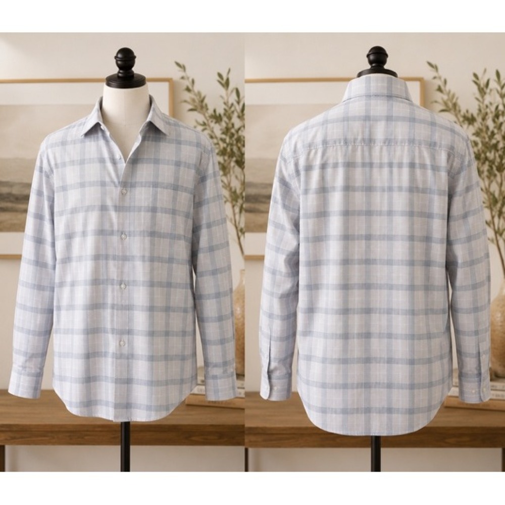 Calvin Klein Mens XL Wrinkle Free Stretch Regular Fit Plaid Button Shirt Blue